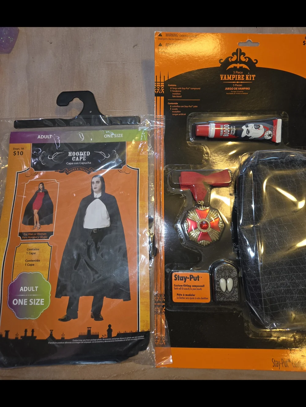 Vampire Hooded Cape Costume with Vampire Kit - Black Adult One Size NWT